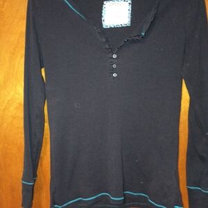 DKNY Black Top with Blue Patterned Trim